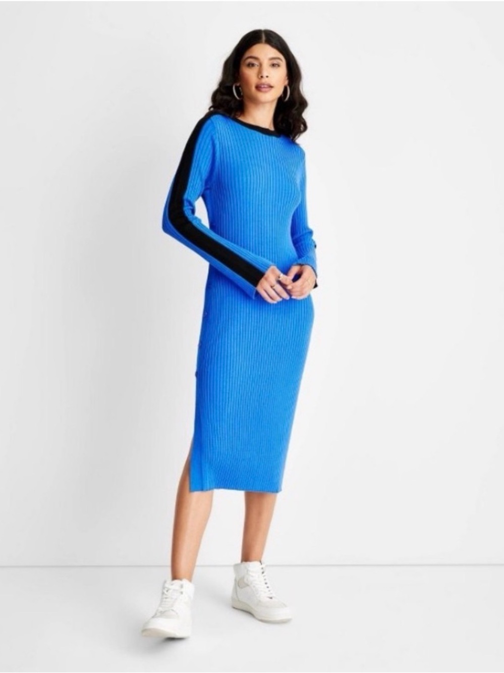 Future Collective Blue Ribbed Sweater Midi Dress